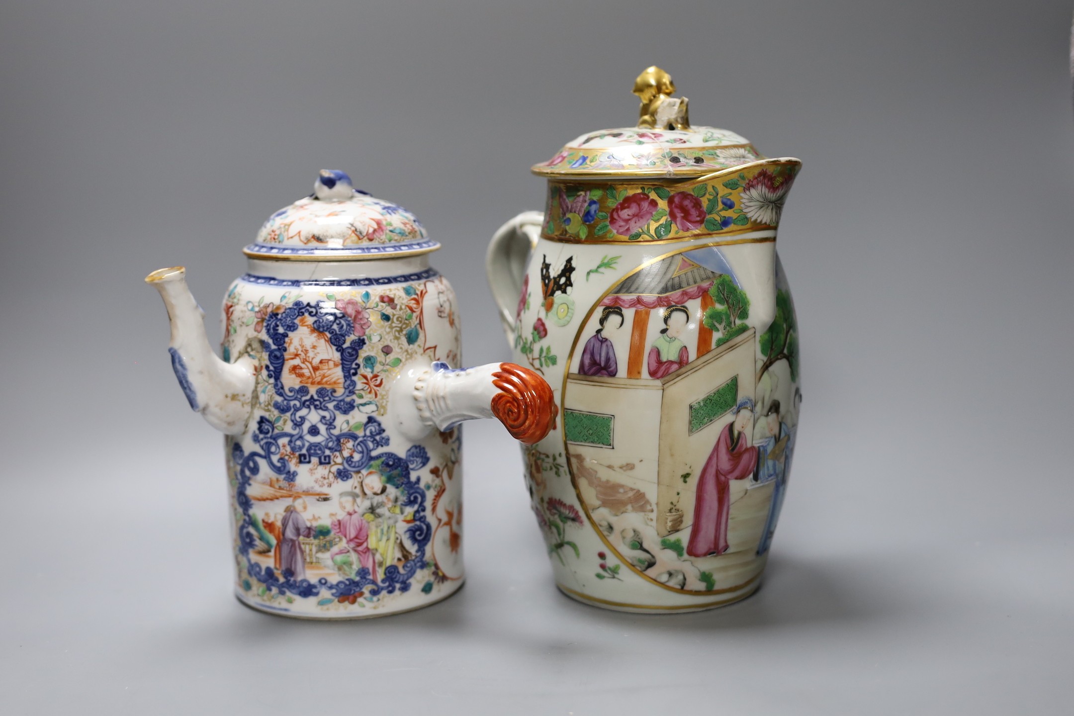 An 18th century Chinese export chocolate pot and cover, together with a Cantonese lidded jug, 26cm tall